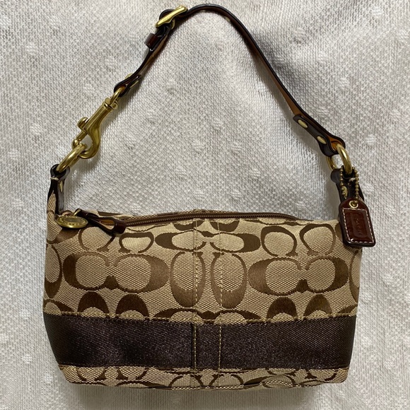 Coach Handbags - COACH SIGNATURE STRIPE TOP HANDLE SMALL POUCH  In CHOCOLATE BROWN